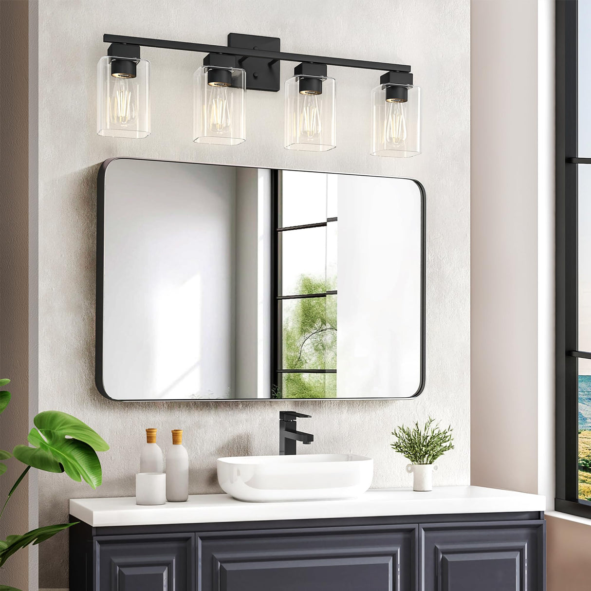 4 Light Matte Black Bathroom Light Fixture - Bathroom Vanity Light Square Design