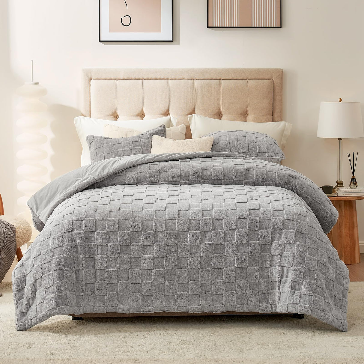 Fluffy King Size Comforter Set Grey, Farmhouse Jacquard Checkered Sherpa Bed Set