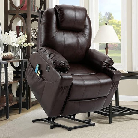 Power Lift Recliner Chair for Elderly, Electric Massage Heated Recliner Chair, Faux Leather Lift Chair with 2 Remote Controls, USB Ports, Cup Holders & Side Pockets for Living Room (Black)