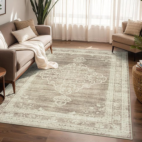 Area Rugs for Living Room Washable, Neutral Vintage Rug Large for Dining Room Bedroom Carpet Farmhouse Non Slip Low Pile Pet Friendly Area Rug 9 by 12 Indoor - Beige