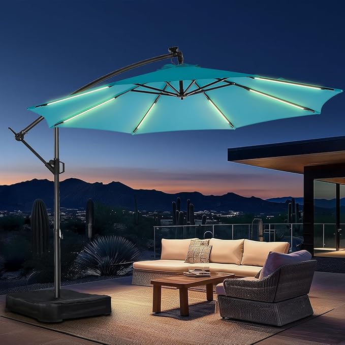 10ft Solar Lights Offset Cantilever Patio Umbrella - with Light and Base, LED Lighted