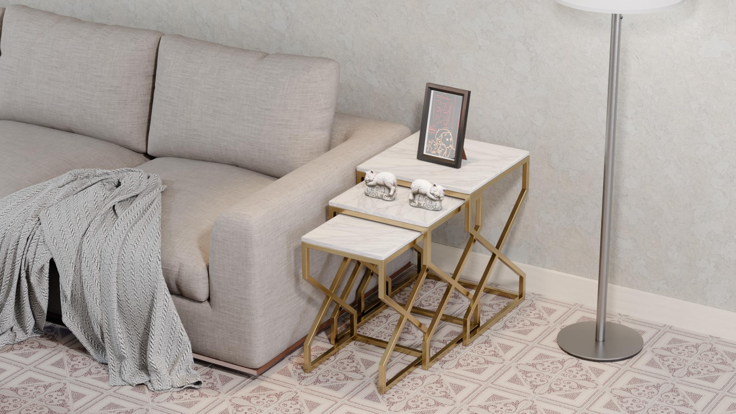 Modern Nesting Tables for Living Room, Square White Marble Finish Ceramic Top