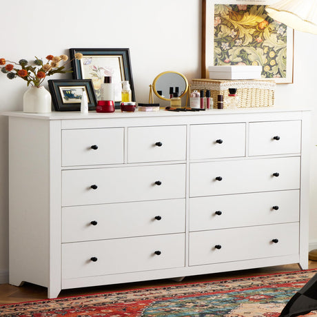 White Dresser, Dresser for Bedroom with 10 Drawers Wood Dresser with Smooth Metal Rail