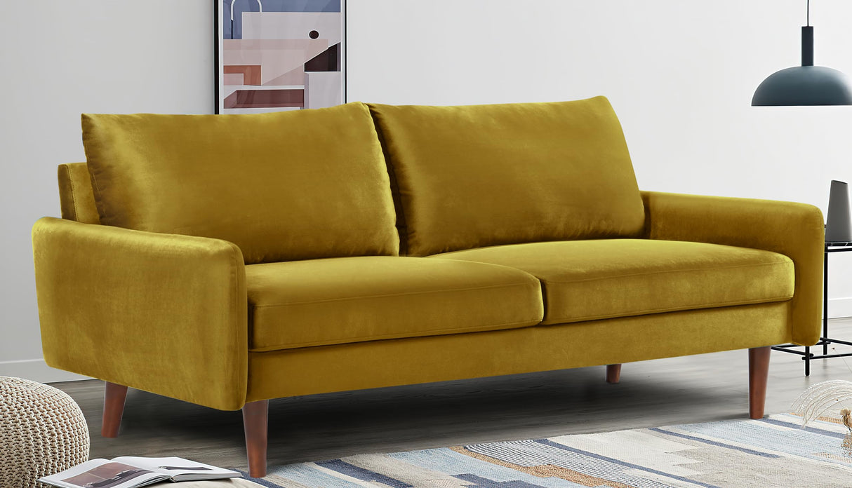 Furniture Kent Modern Velvet Sofa, Comfortable 3 Seater Couch for Living Rooms and Small Spaces, Ideal Studio Apartment Furniture with Sleek Design, Golden Yellow