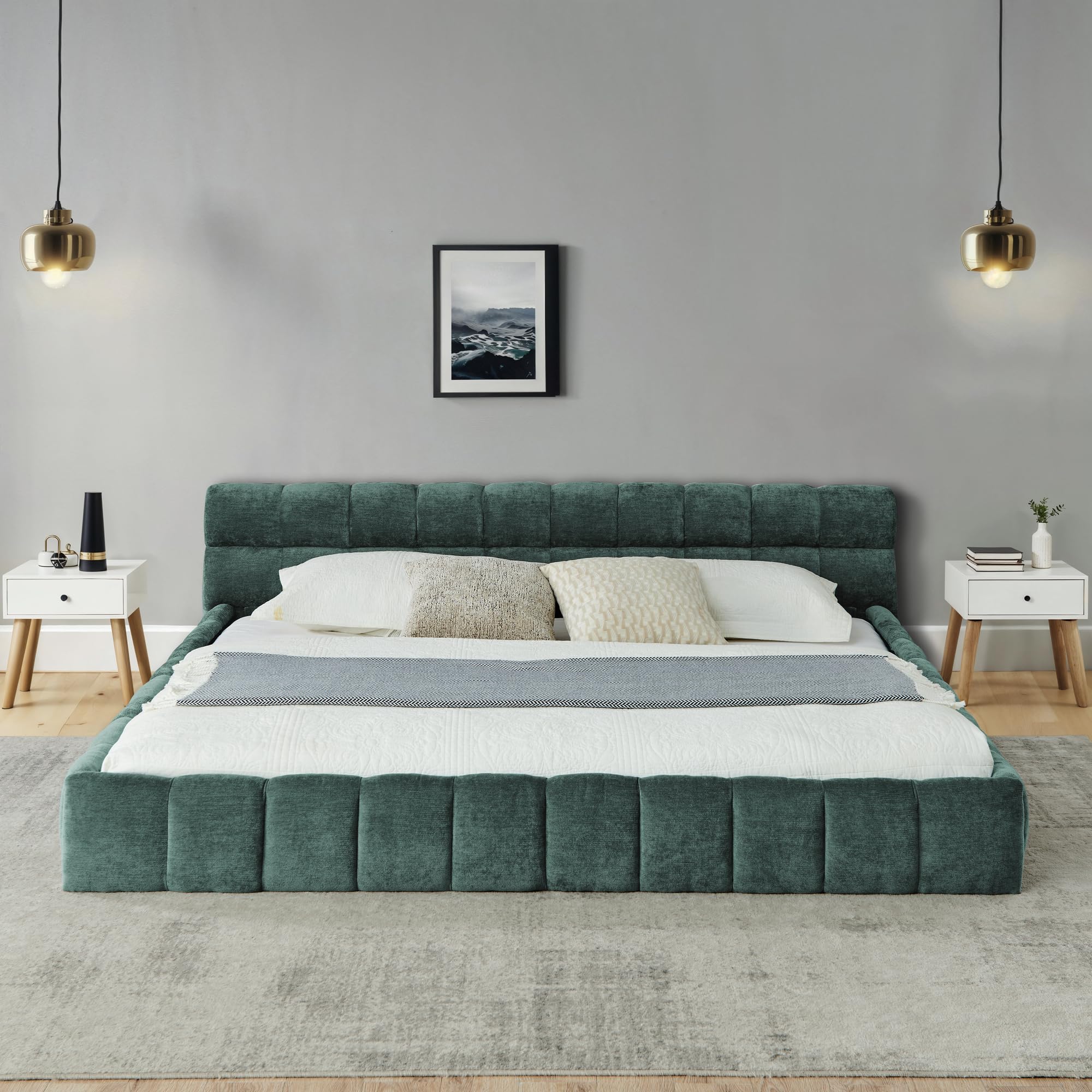 King Size Upholstered Platform Bed - Blue Green Chenille