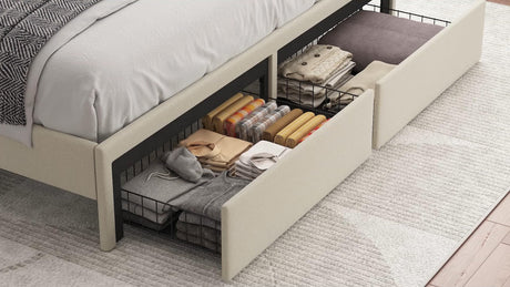 Queen Size Bed Frame with Storage Headboard and Drawers, Upholstered Bed Frame