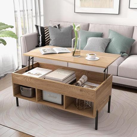 Lift Top Coffee Table - Rectangular Wooden Table w/Hidden Compartment & Open Storage