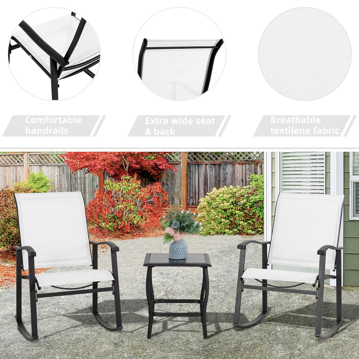 3 Piece Outdoor Rocking Bistro Set, Textilene Fabric Small Patio Furniture Set