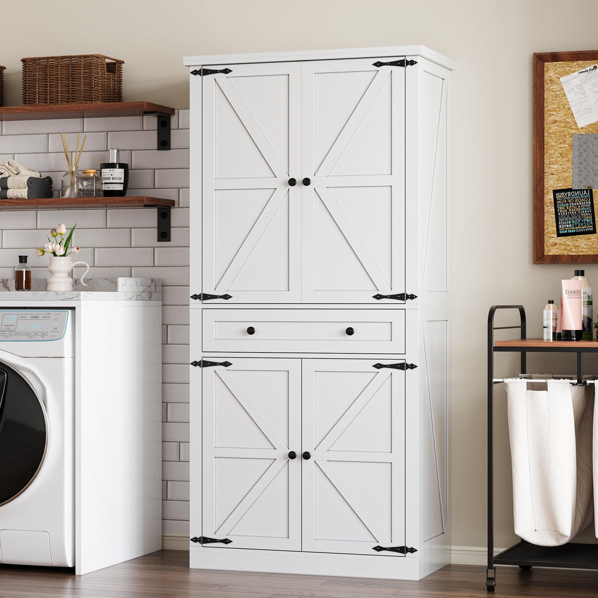 Pantry Organizers and Storage Cabinet, 70” Barn Door White Kitchen Cabinet with Drawers and Adjustable Shelf, Tall Pantry Cabinet for Kitchen, Dining Room, Living Room Bedroom (Single Drawer)