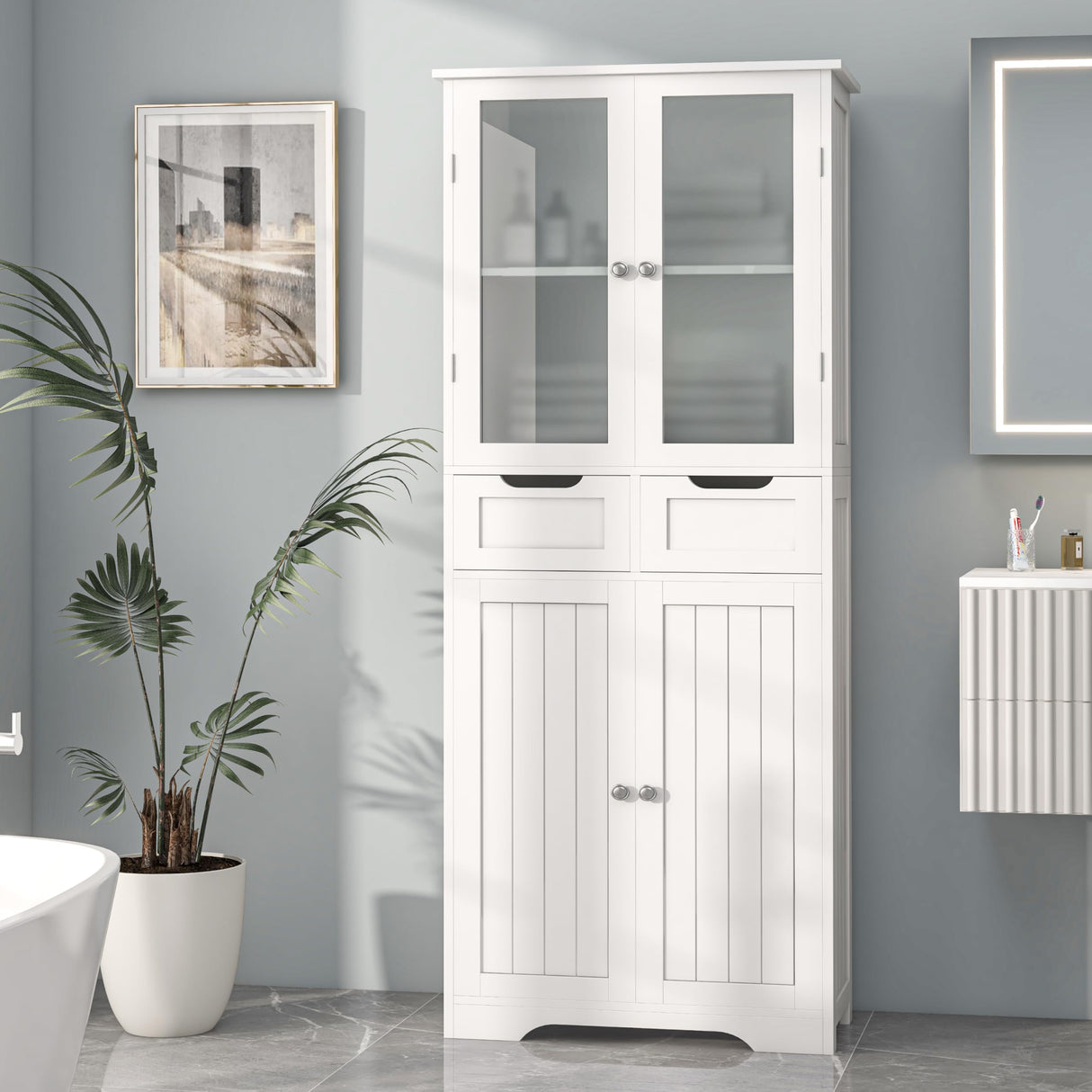 67" Tall Bathroom Storage Cabinet, Freestanding Linen Cabinet with Glass Doors