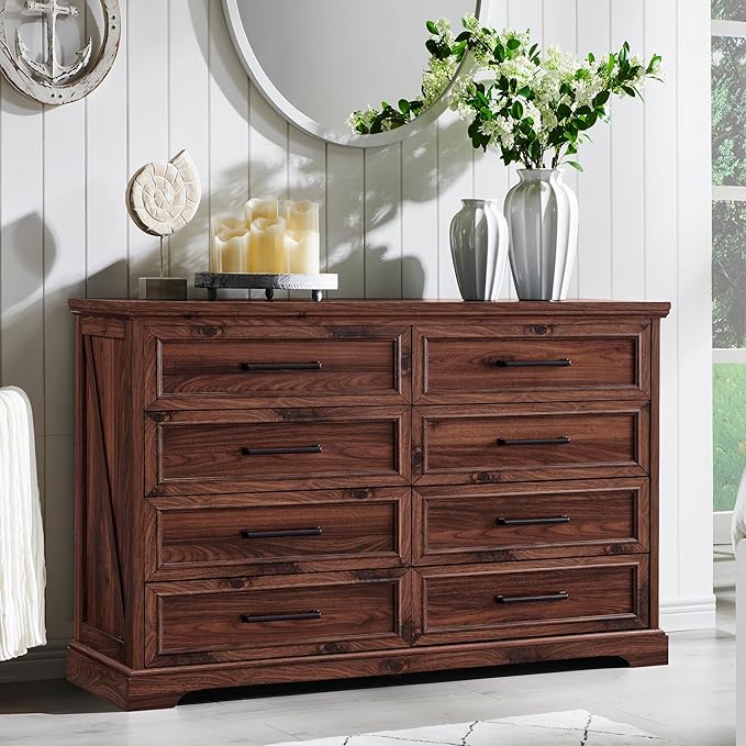 Farmhouse 8 Drawers Dresser Chests for Bedroom,52" Wide Wood Rustic Chest of Drawers with Metal Handle