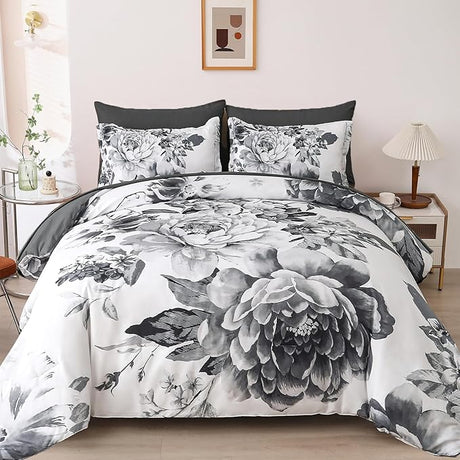 Khaki Comforter Set King Size 7 Pieces Floral Bed in a Bag Taupe Flower Green Leaves Bed Comforter Set Soft Bedding Sets for All Season with Flat Sheet, Fitted Sheets, Pillowcases & Shams