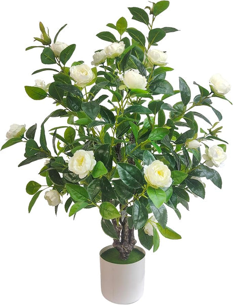 Artificial Camellia Tree 35in Faux Floral Plant with Red Flowers and Green Leaves