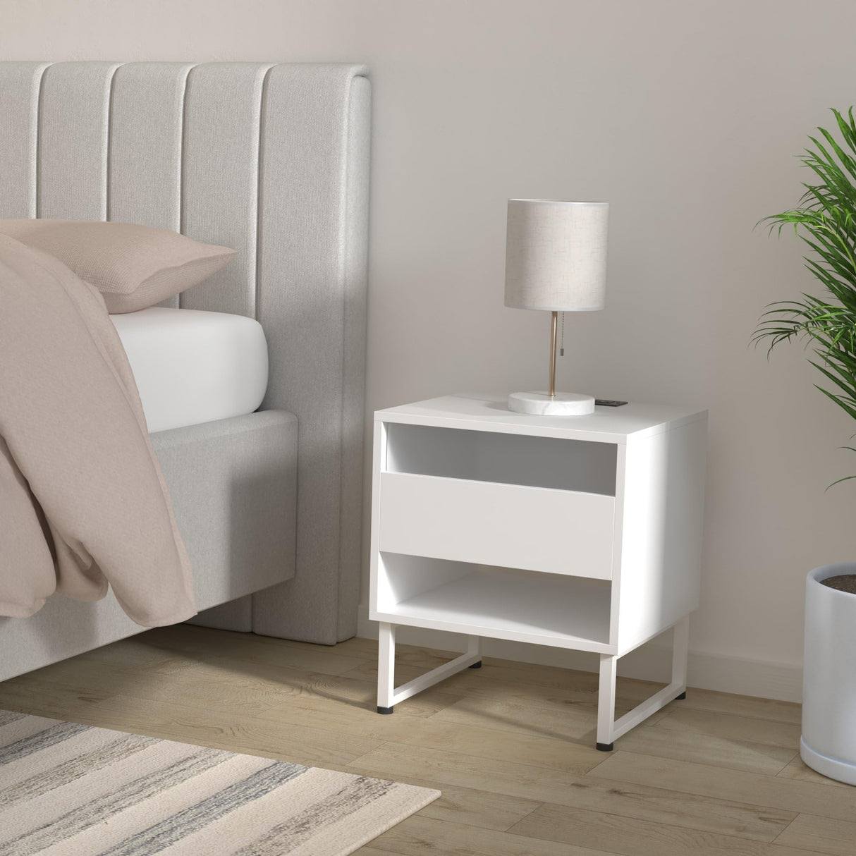 LED Nightstands Set of 2 with Charging Station, White Night Stand Set 2