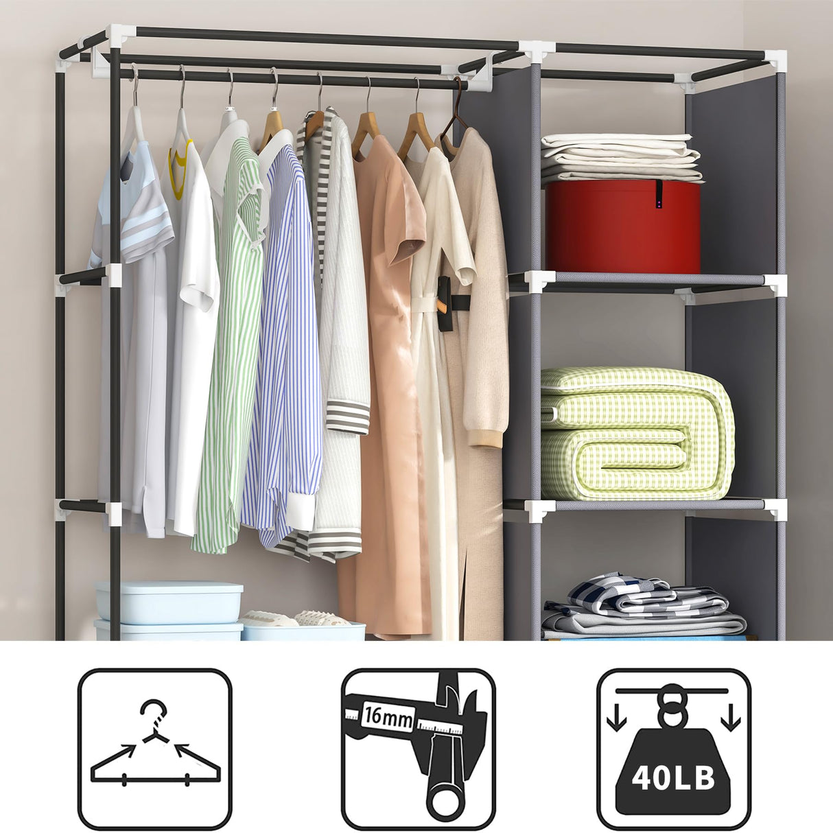 Portable Closet, Wardrobe Closet for Hanging Clothes with 1 Hanging Rods