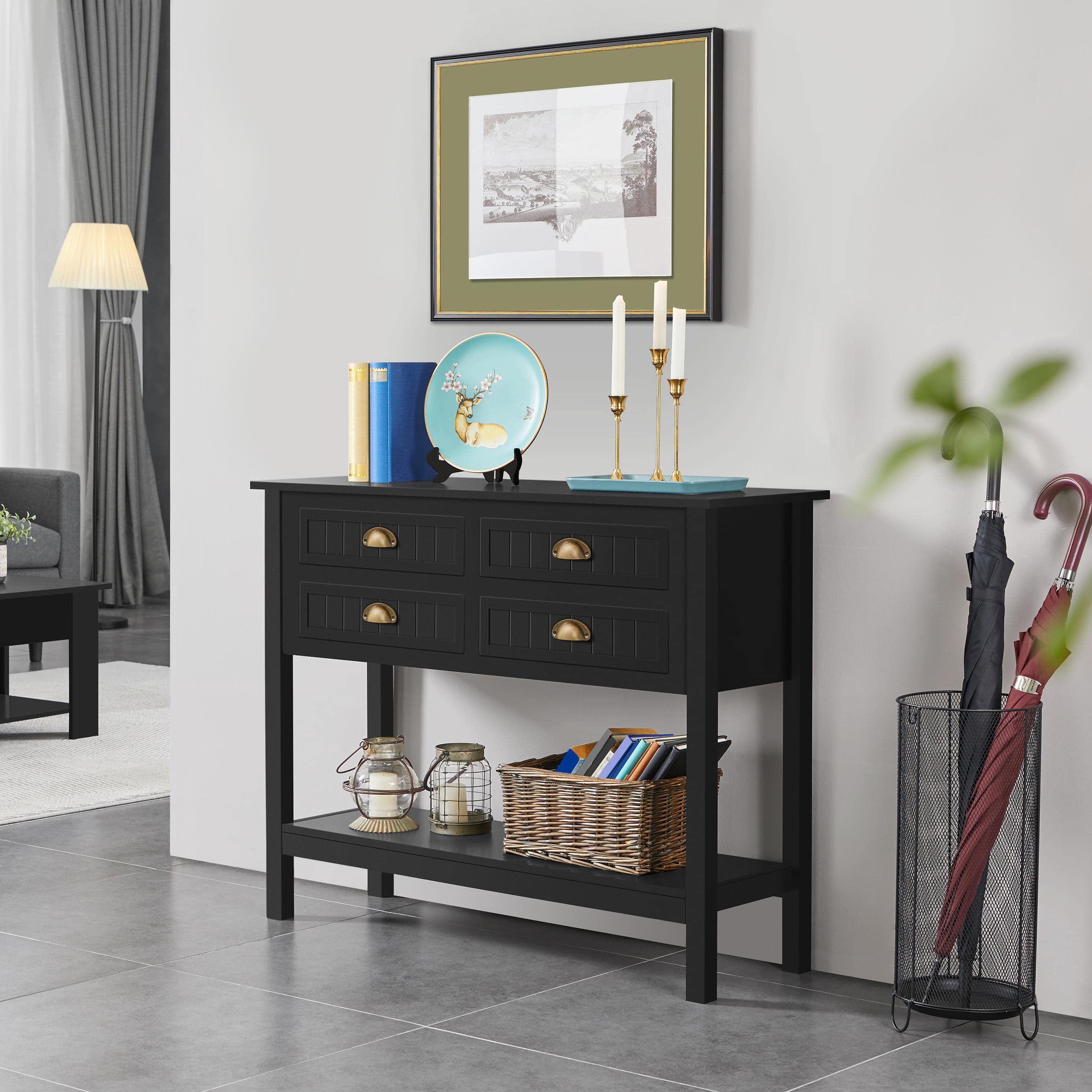 Console Table with 4 Drawers, Sofa Side Table with Bottom Open Storage Shelf,