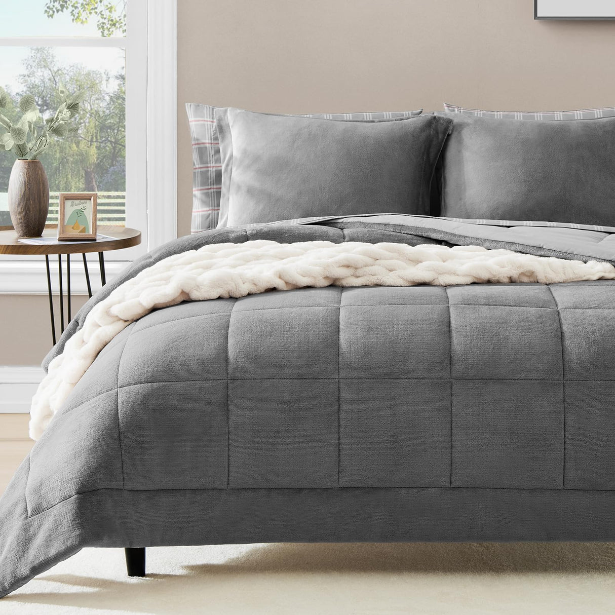 AMBERSPACE Fleece Queen Comforter Set-7 Pieces Bed in A Bag Queen,Blue Grey Plush Bedding Comforter Sets, Soft Warm Queen Comforter Set with Sheets,Comforter,Pillowcases and Shams