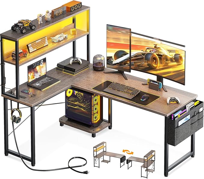 L Shaped Desk Gaming Desk with LED Light & Power Outlet, 53 Inch Reversible L Shaped Computer Desk