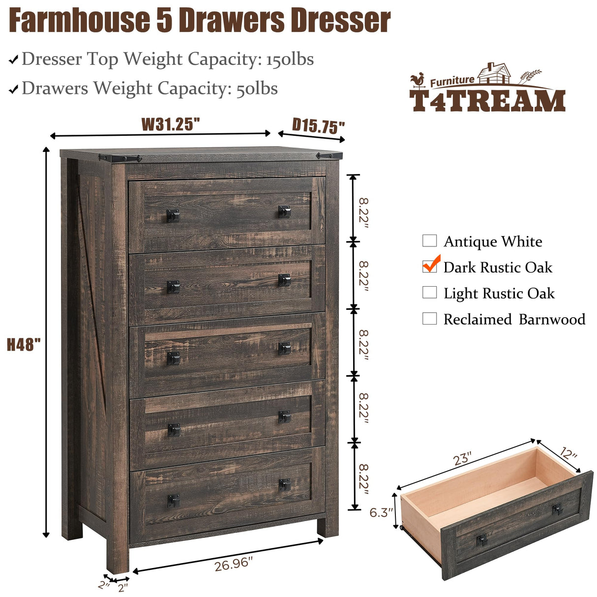 Farmhouse 5 Drawers Dresser Chests for Bedroom, Wood Rustic Tall Chest of Drawers,