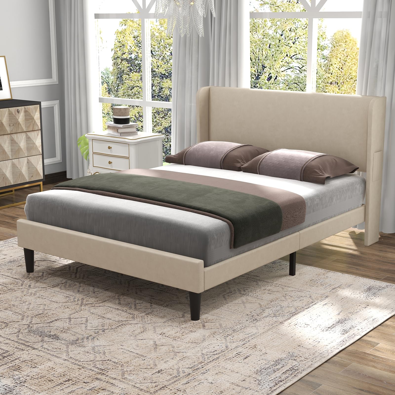 Full Bed Frame, Upholstered Platform Bed with Wingback Headboard