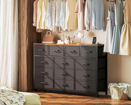 Dresser for Bedroom with Charging Station, 57" Long Dresser with 13 Storage Drawers