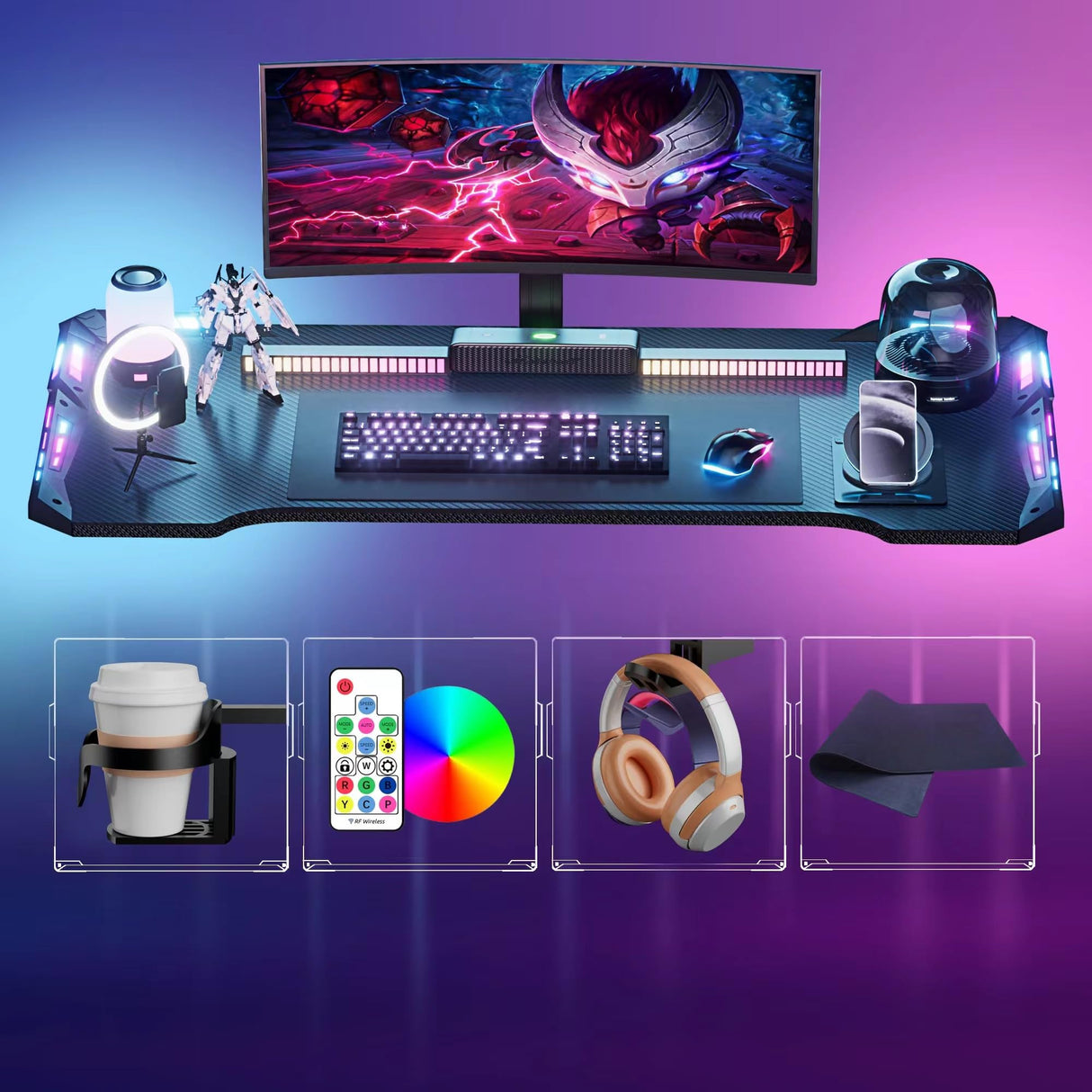 Gaming Desk with LED Lights,47 inch Carbon Fiber Surface RGB Gaming Computer Table