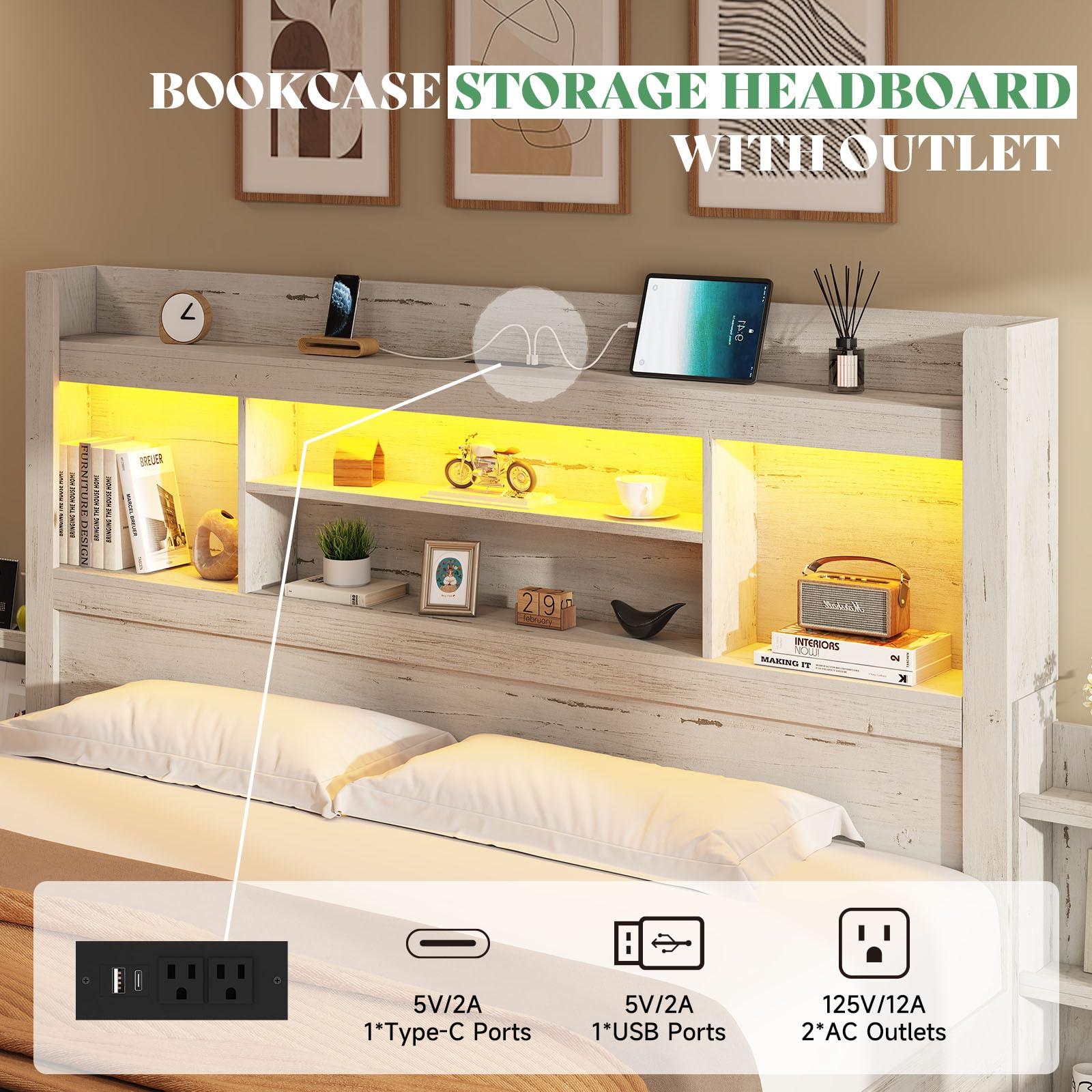 Queen Bed Frame with 4 Storage Drawer, LED Bed Frame with 49.6" Tall Bookcase