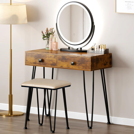 Vanity Table Set with LED Lighted Mirror and Cushioned Stool, Makeup Dressing Table Writing Desk