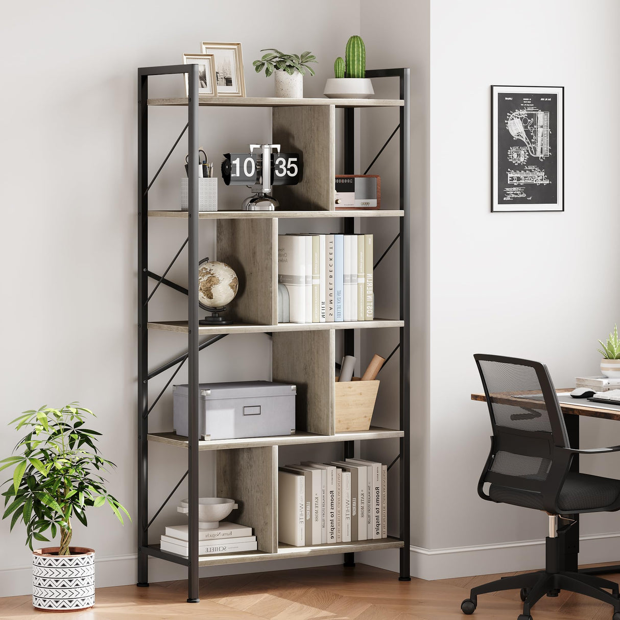 5 Tier Bookshelf with Storage, 61 Inch Tall Industrial Book Shelf with Open Display Bookshelves