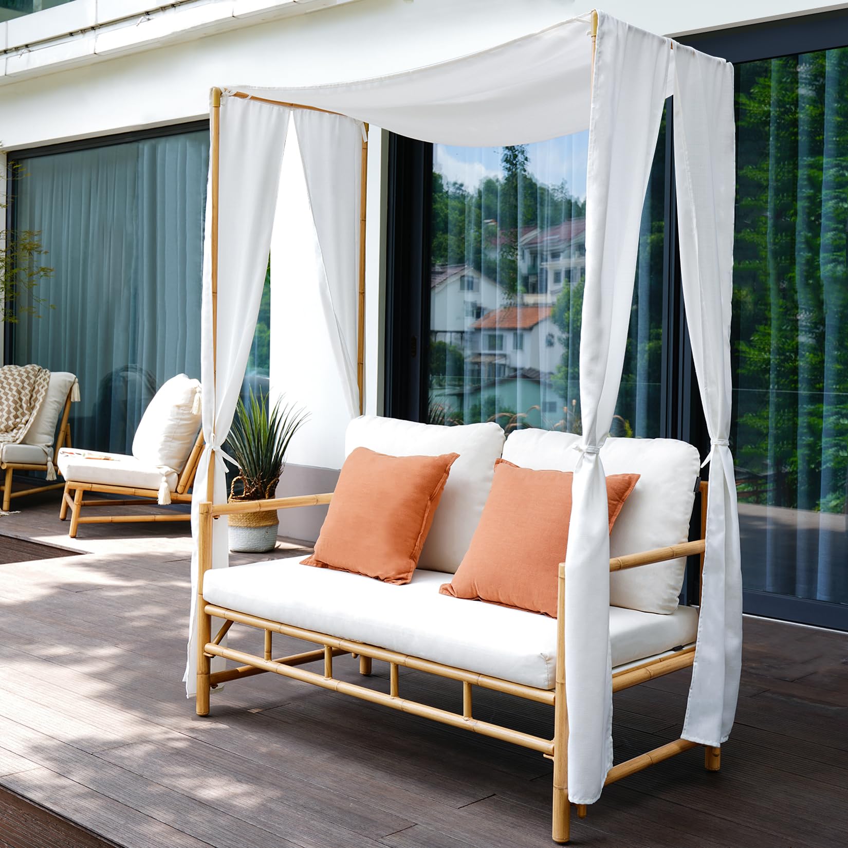 Grand patio Outdoor Loveseat with Canopy, Metal Patio Loveseat Sofa with Thick Cushion, Tropical-Style Outdoor Furniture Featuring Imitation Bamboo Finish, White