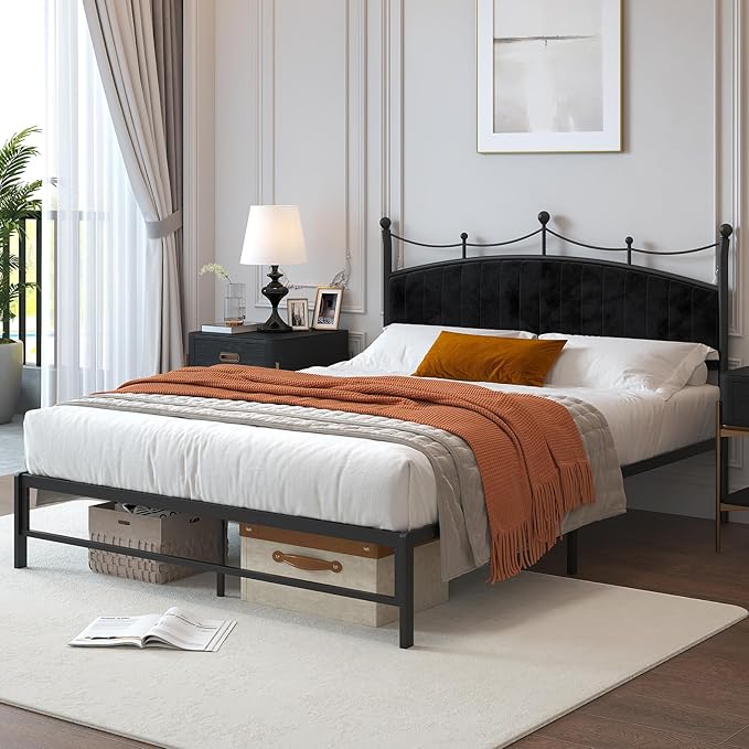 Upholstered Headboard, Soft Velvet Bed Frame Metal Platform No Box Spring Needed