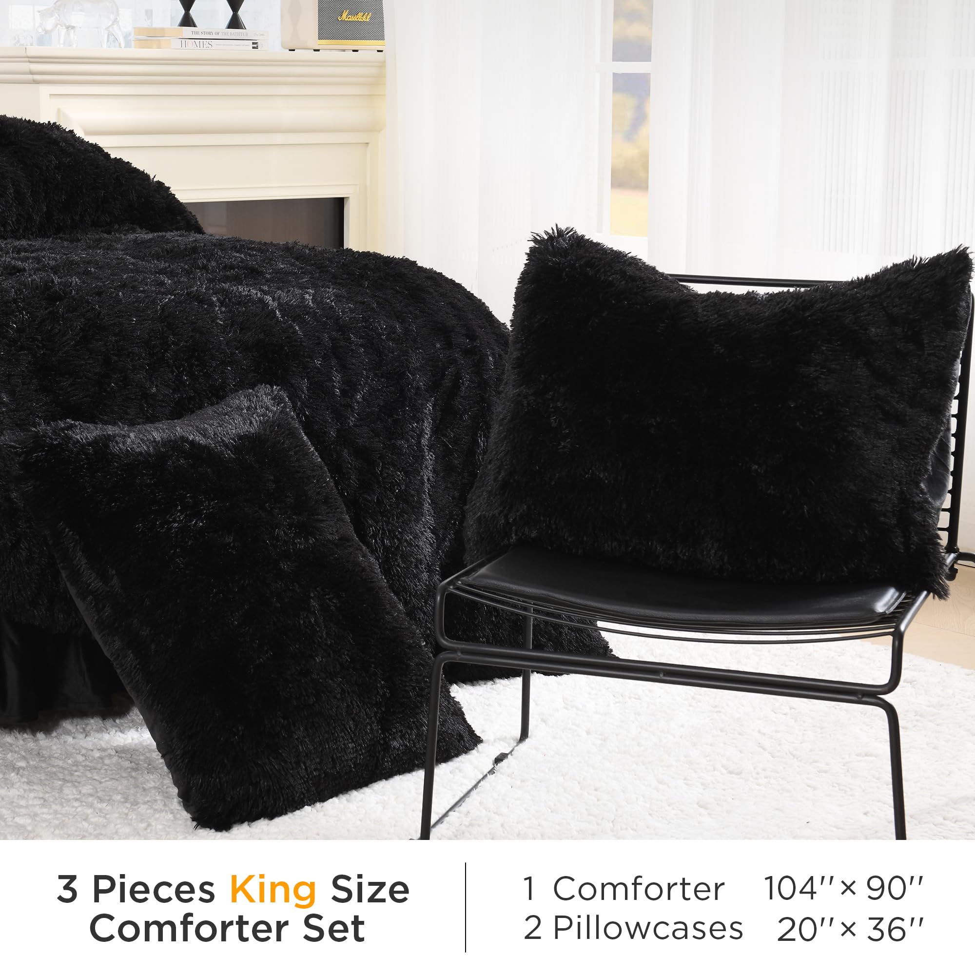 Black Fluffy Comforter King Size, Luxury Plush Faux Fur Bedding Set for King Bed,