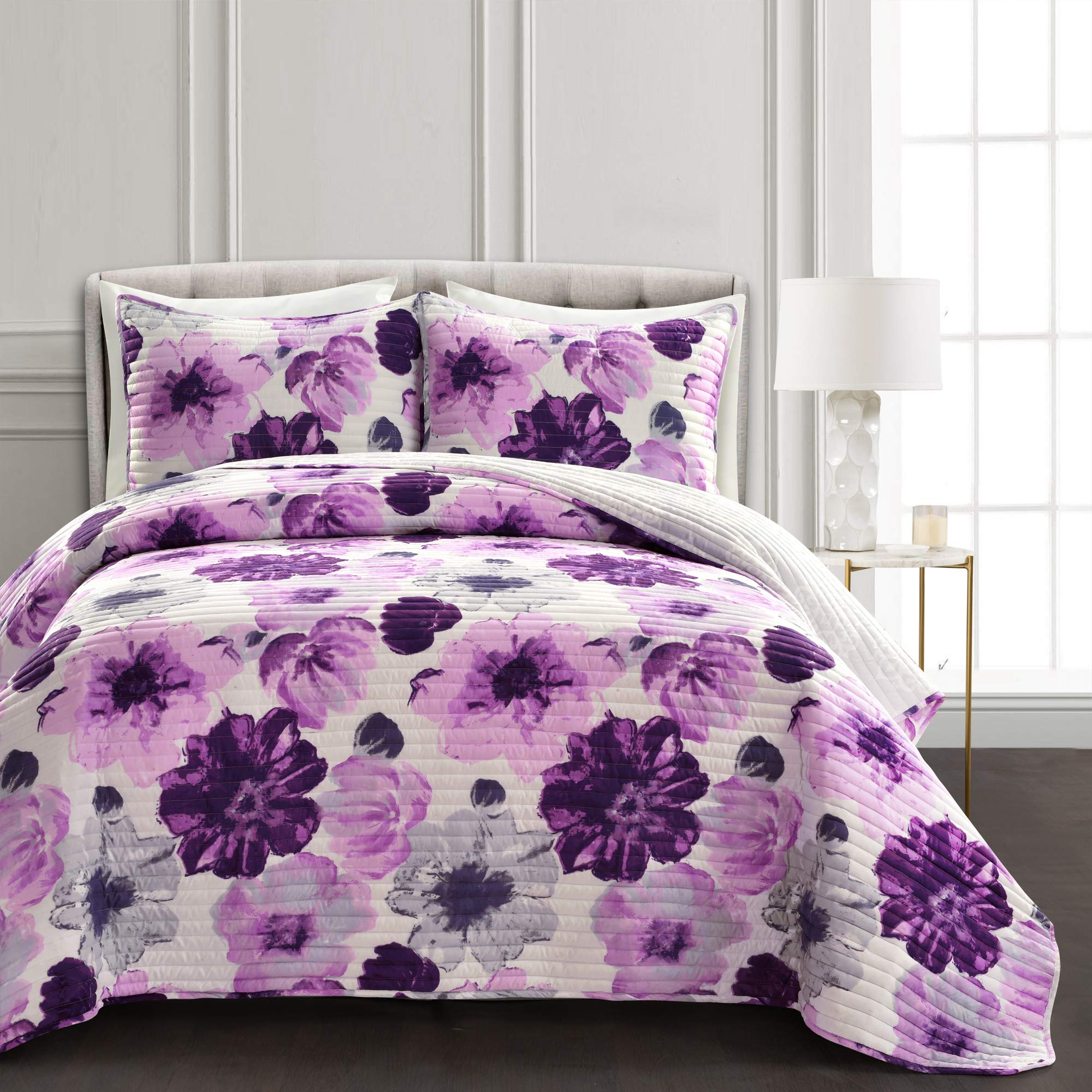 Leah Reversible Floral Quilt Set, 3 Piece Set, King, Gray & Purple - Charming