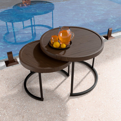 Sand Dune Modern Nesting Coffee Table Set of 2, Round Patio Wood Side Table