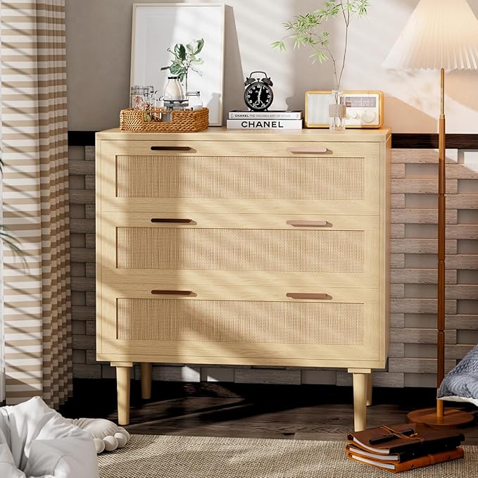 6 Drawer Double Dresser for Bedroom, Modern Rattan 6 Drawer Dresser