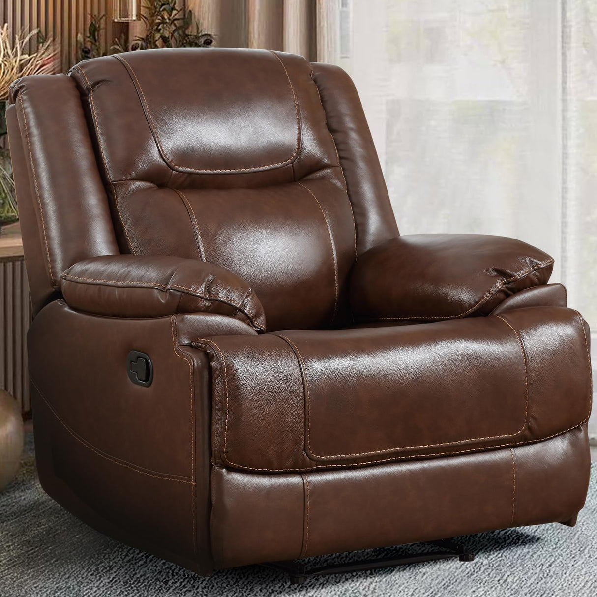 Genuine Leather Manual Recliner Chair, Reclining Sofa Chair Couch for Living Room