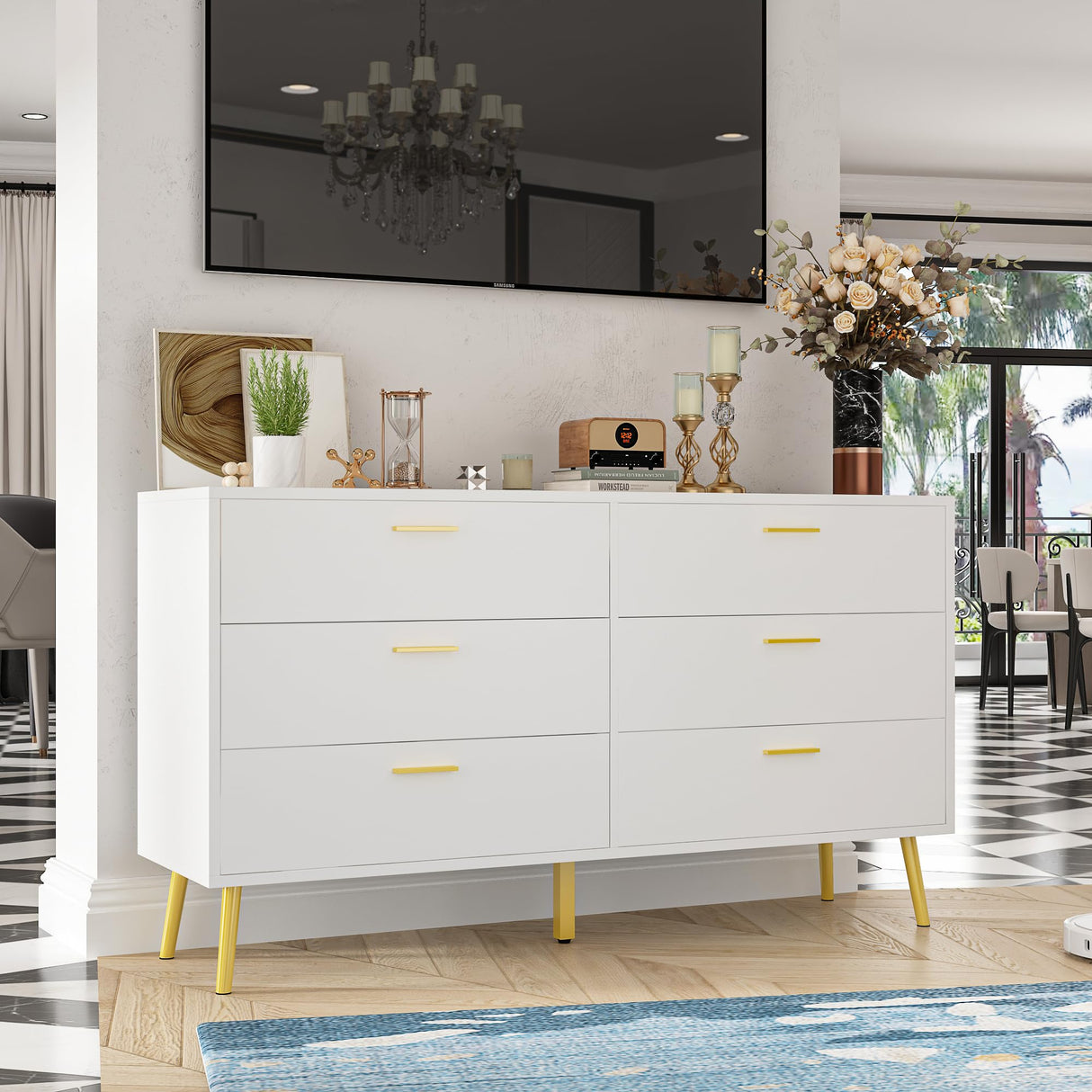 Homsee 6 Drawer Double Dresser Storage Chest of Drawers, Wood Dresser Chest with Gold Metal Legs for Bedroom, Living Room & Hallway, White (54”L x 15.6”W x 30.1”H)