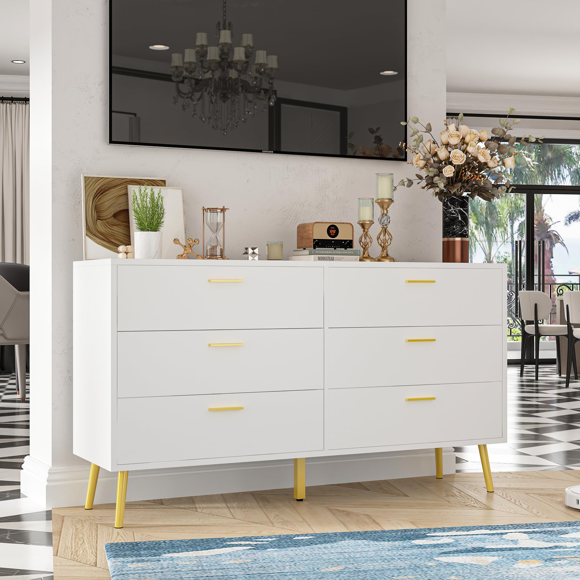 Homsee 6 Drawer Double Dresser Storage Chest of Drawers, Wood Dresser Chest with Gold Metal Legs for Bedroom, Living Room & Hallway, White (54”L x 15.6”W x 30.1”H)