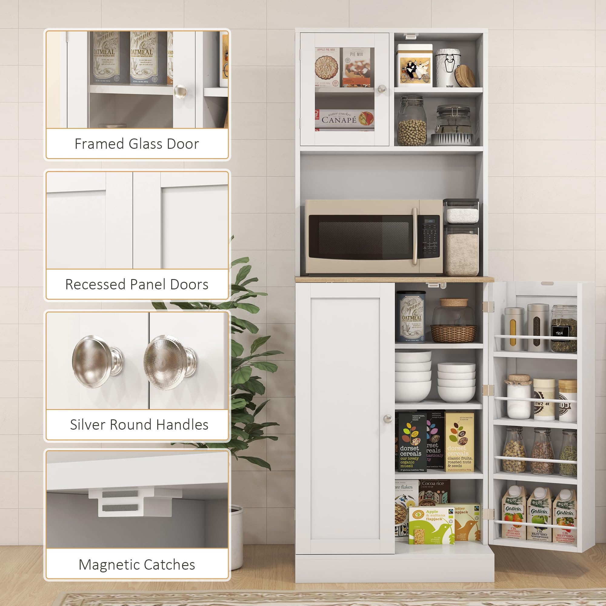 66.5" Pantry Cabinet with Microwave Stand, Freestanding Kitchen Storage Cabinet