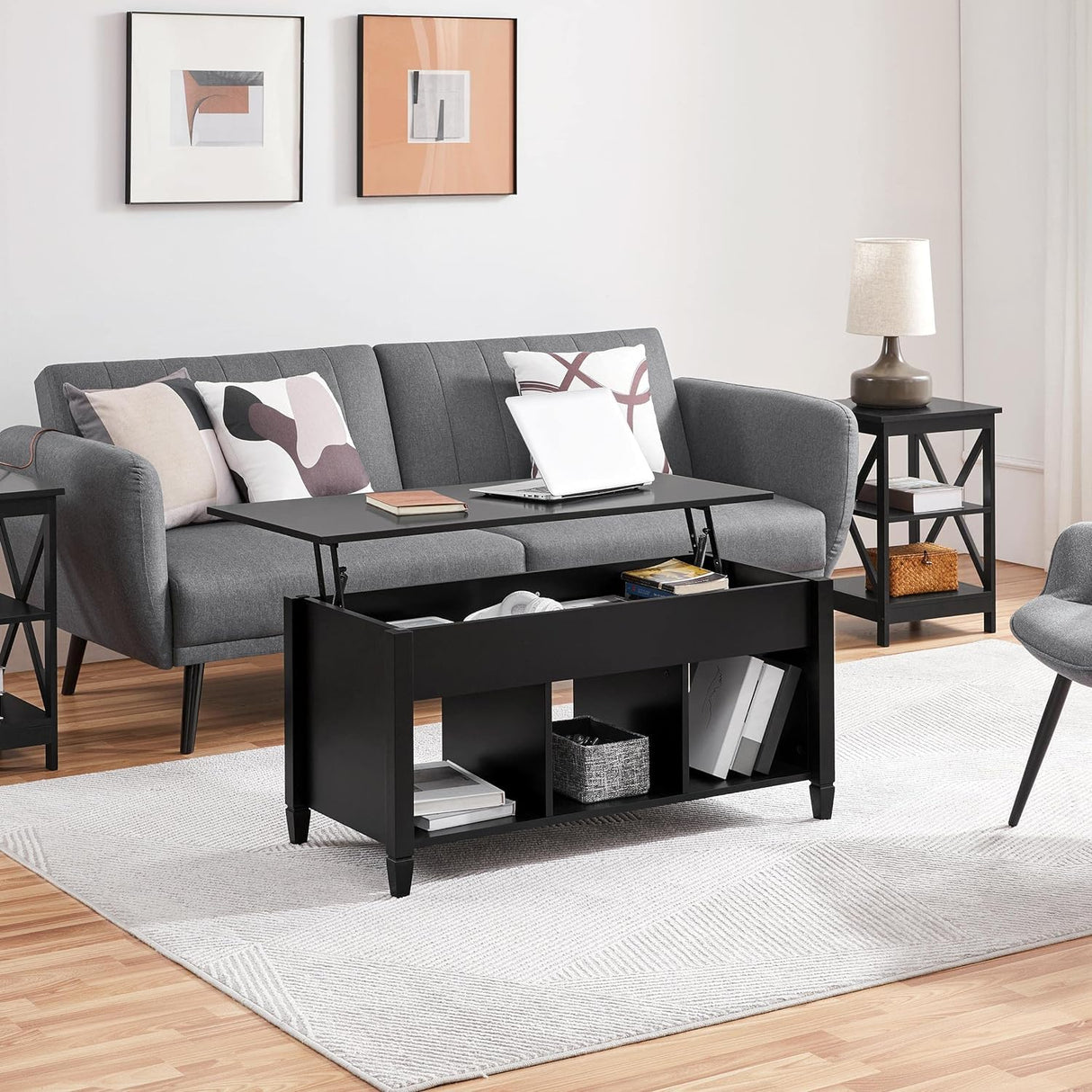 Coffee Table, Lift Top Coffee Table w/Hidden Storage Compartment & Lower 3 Cube Open