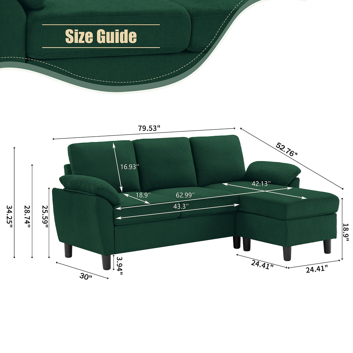 79" Convertible Sectional Sofa, Small L Shaped 3 Seat Couch with Reversible