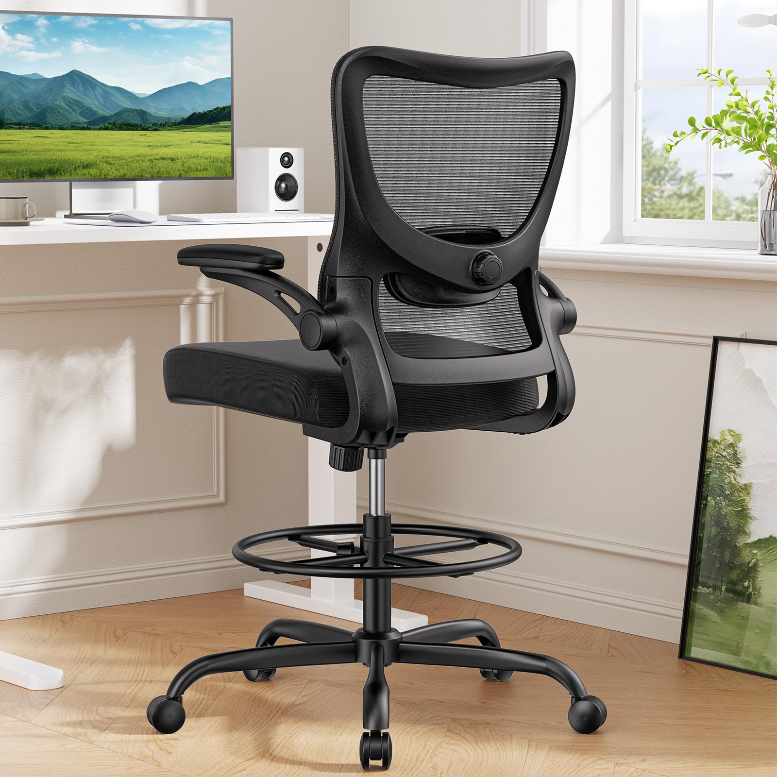 Tall Drafting Chair with Lumbar Support and Adjustable Footrest