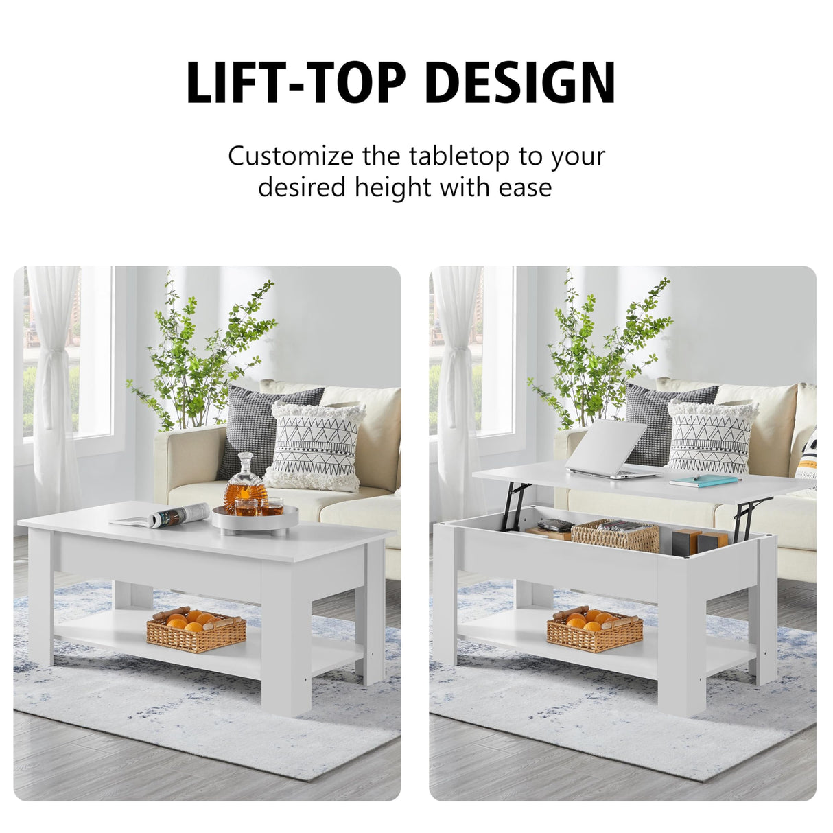 Coffee Table with Hidden Compartment and Storage Shelf, Rising Tabletop Dining Table