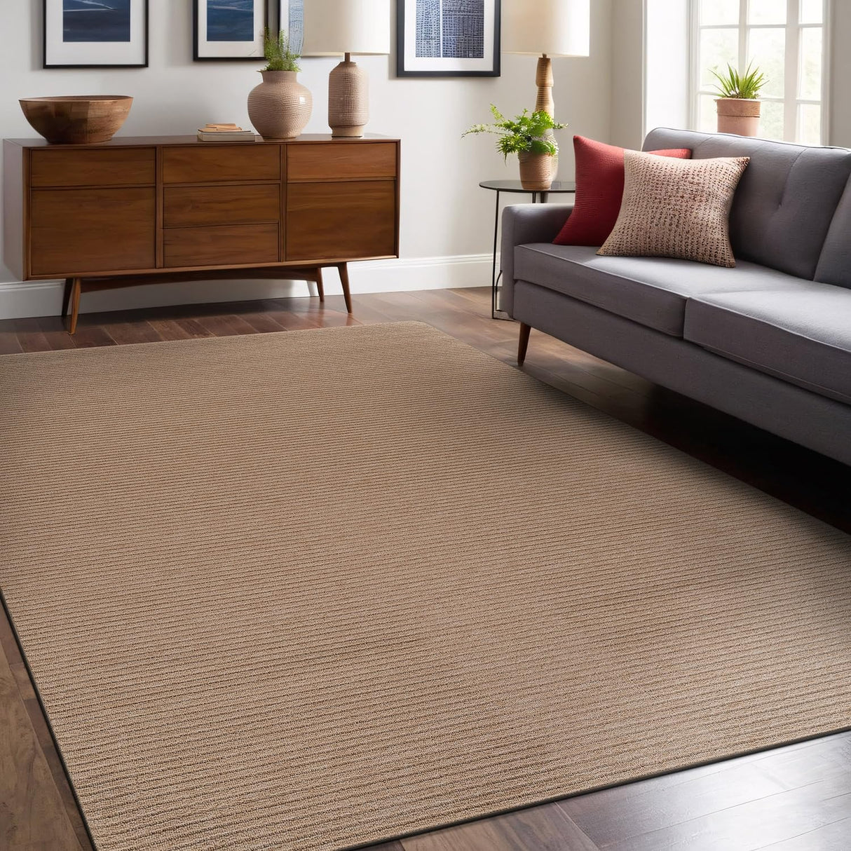 Non Slip Beige Solid Rubber Back Rug for Living Room 8x10 Area Rugs for Kitchen,