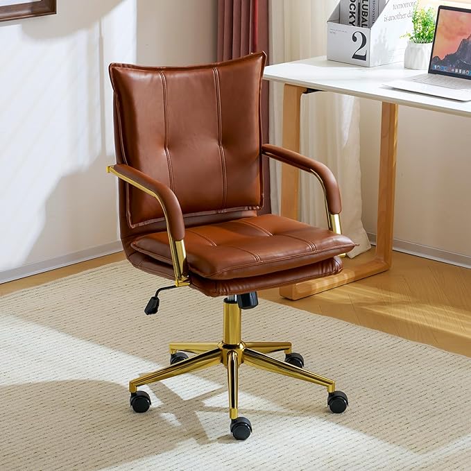 Mid-Back Ergonomic Leather Office Desk Chair, Modern Upholstered Computer Chair