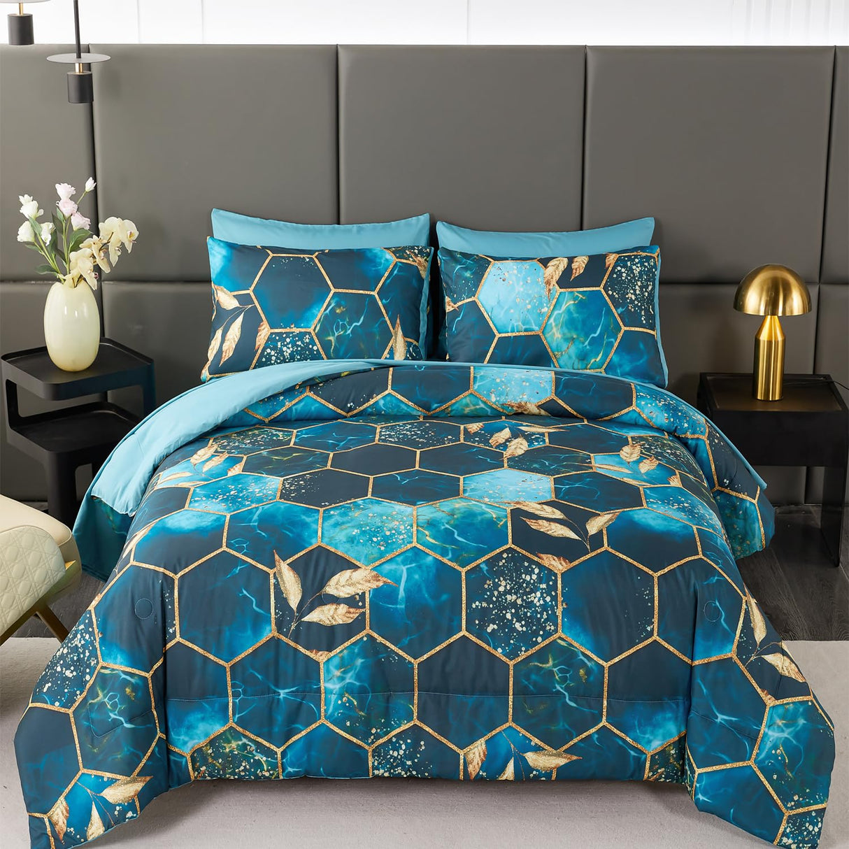 Turquoise Gold Hexagon Queen Comforter Set, 7Pcs Honeycomb Bed