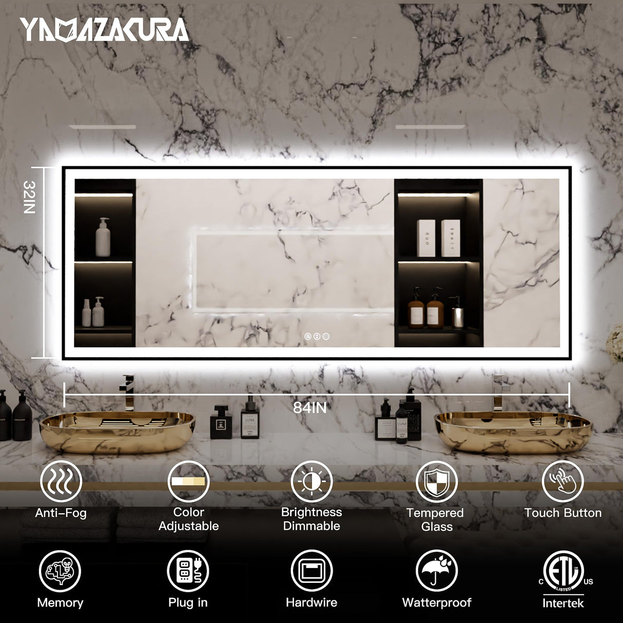 Yamazakura Super Large LED Bathroom Mirror 84x32 with Backlit and Front Lighted, Framed Dimmable Illuminated Mirror for Wall Anti-Fog Shatterproof (Horizontal/Vertical)