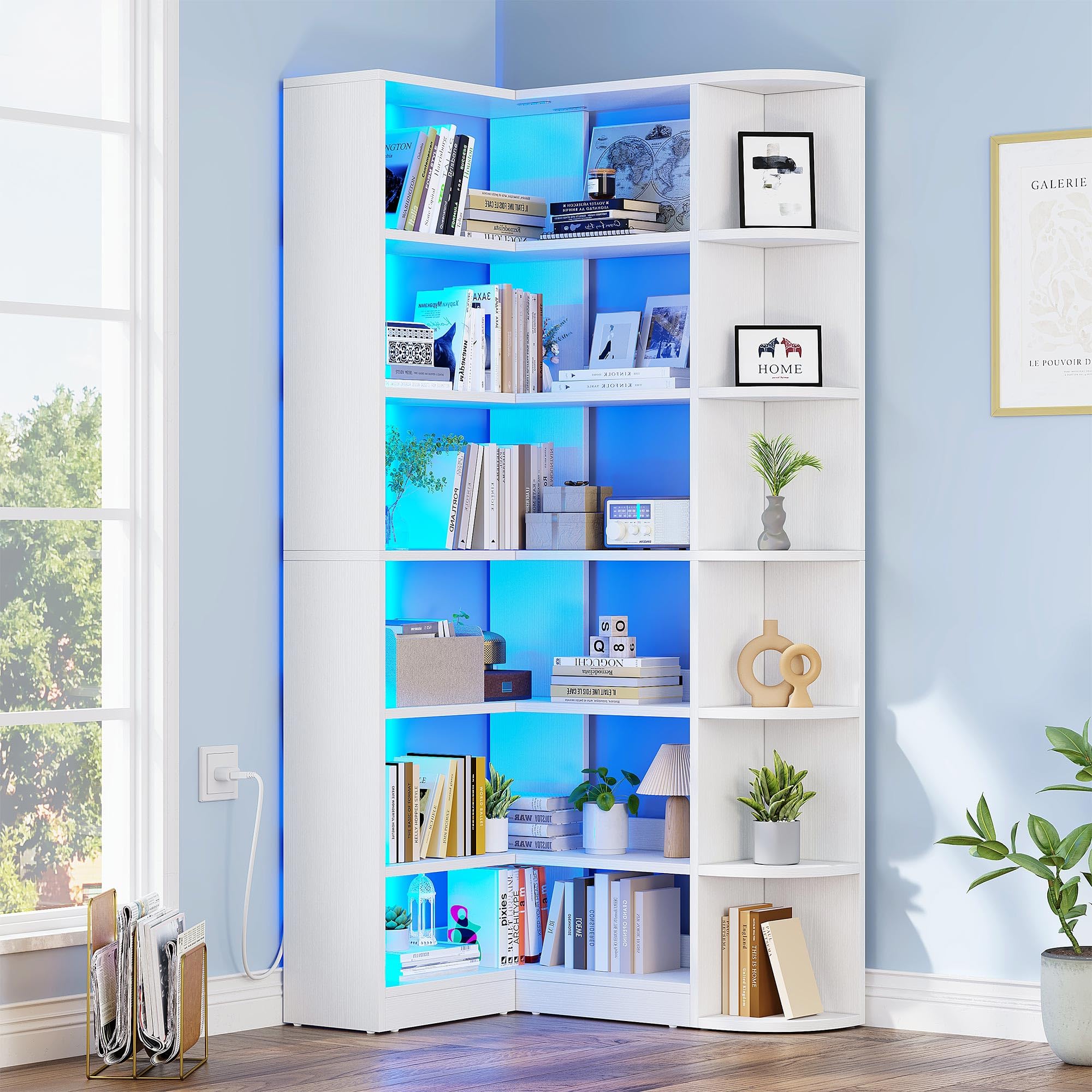 6 Tier Corner Bookshelf with LED Light, White Bookshelf L-Shaped Bookcase Storage