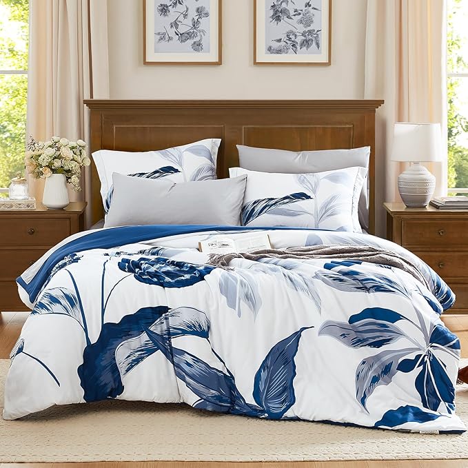 Twin Comforter Set, 5 Pieces Black and White Floral Comforter Set