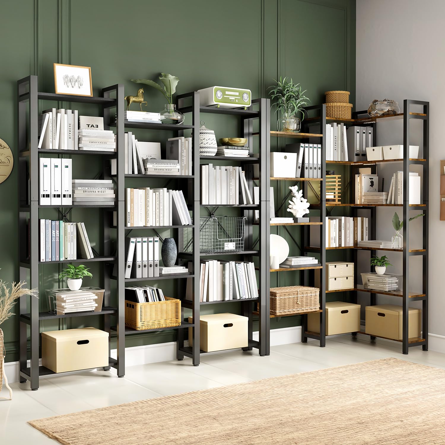 oneinmil Triple Wide 6-Shelves Corner Bookcase Industrial Vintage Wood Style Large Open Bookshelves for Home & Office (Black, 6-Tier)